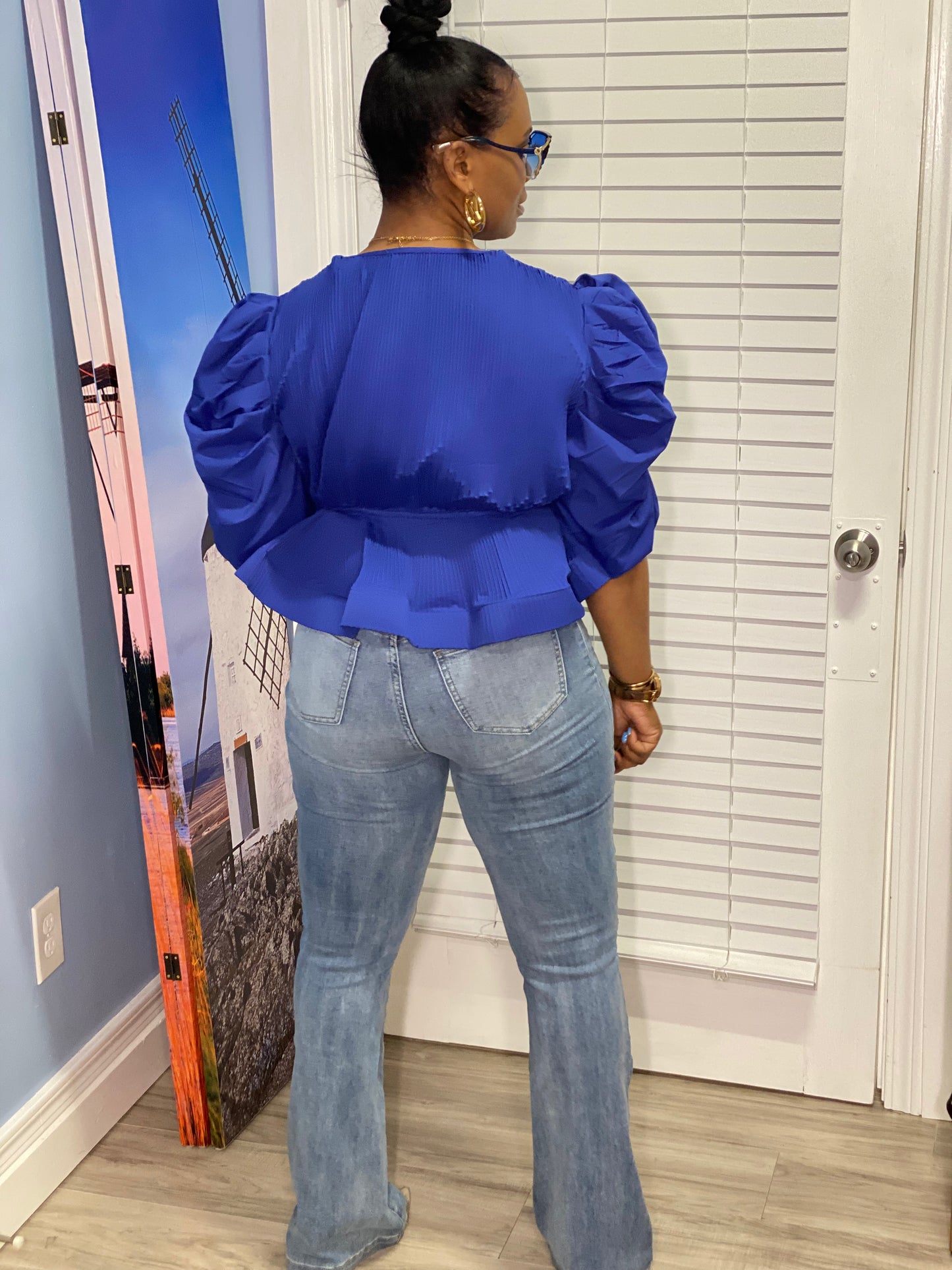 Royal blue Statement Peplum Puff Sleeve Top