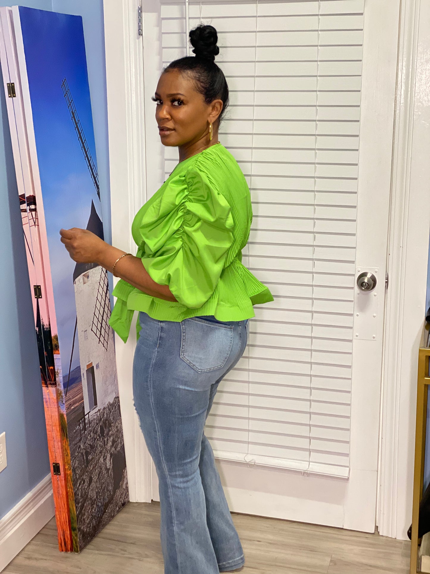 Lime Green Statement Peplum Puff Sleeve Top