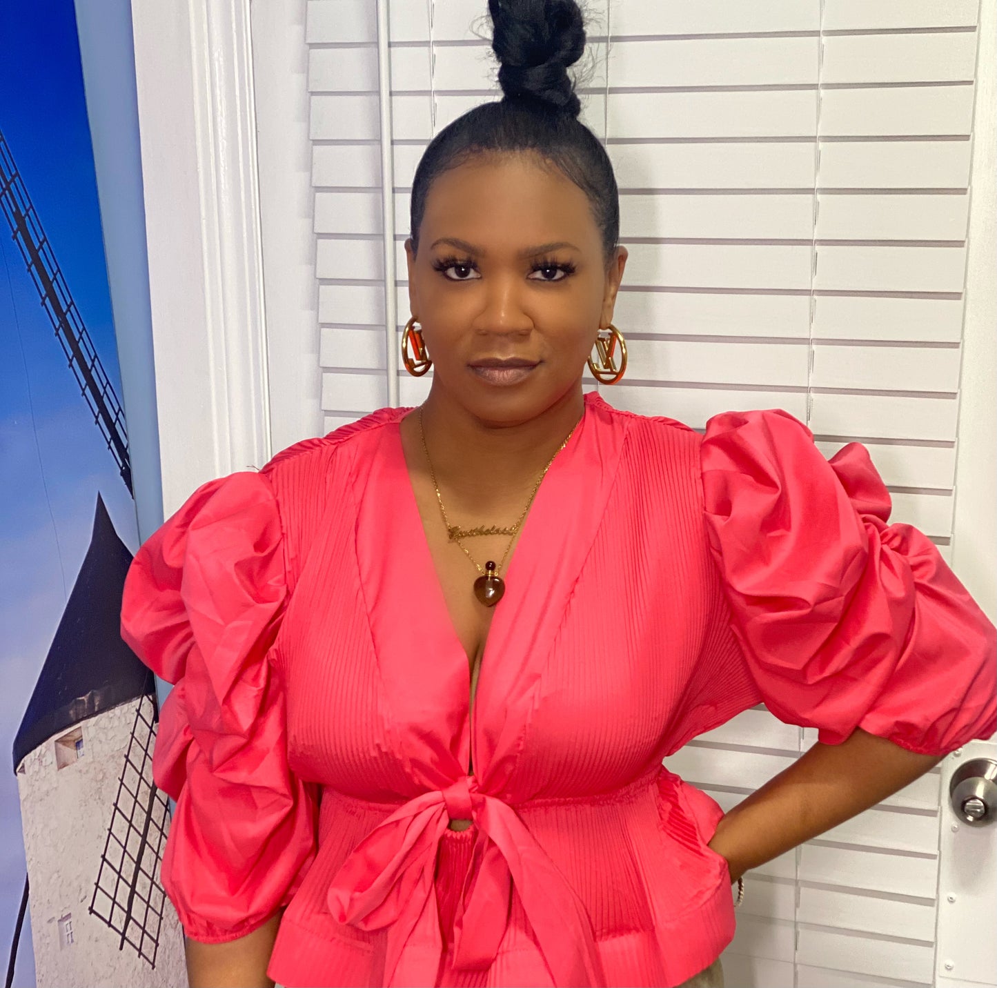 Orange Puff Sleeve Peplum Statement Top