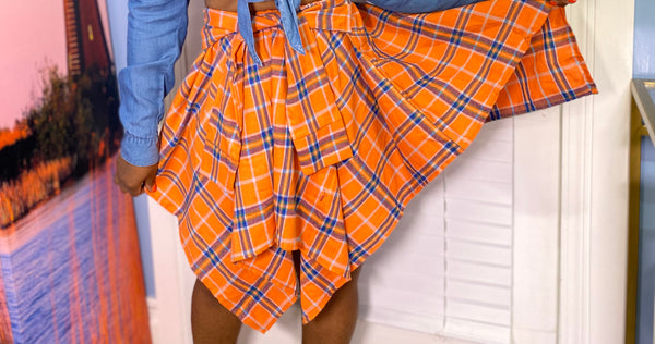 Orange Plaid Faux Sleeve Skirt